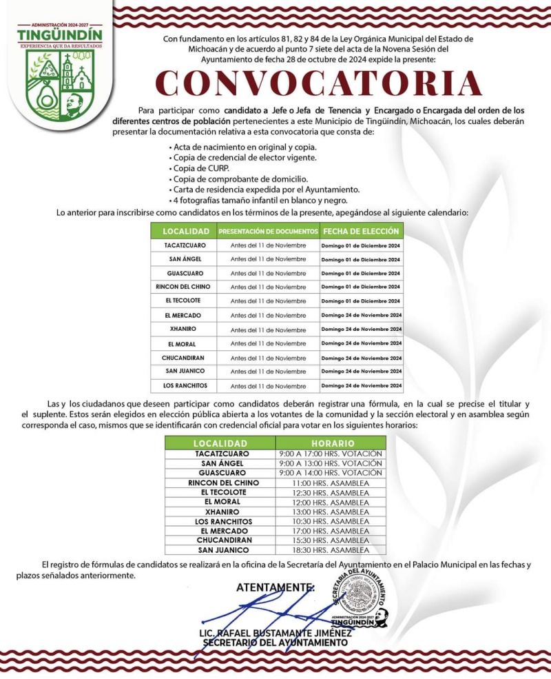 Convocatoria para Jefes de tenencia y Encargados del Orden